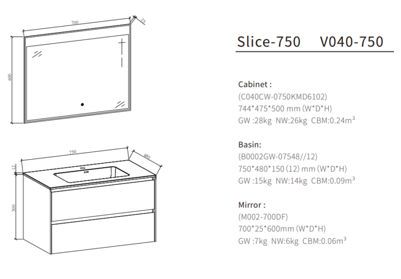 MUEBLE PARA BAÑO CON ESPEJO Y LAVAMANOS SLICE 0.74x0.47x0.50M - Imagen 3
